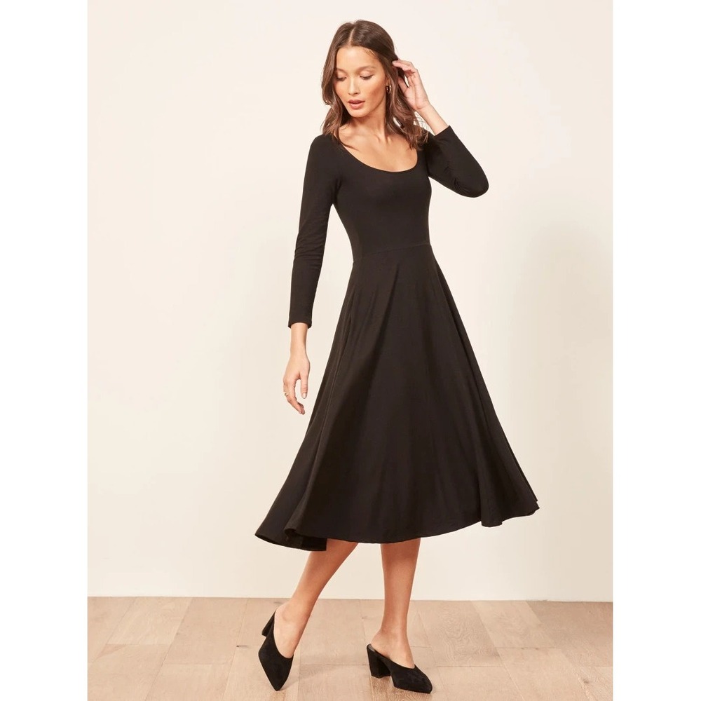 Reformation Lou Dress Black Jersey Midi 3/4 Sleeve Scoop Neck Pockets M Stretch